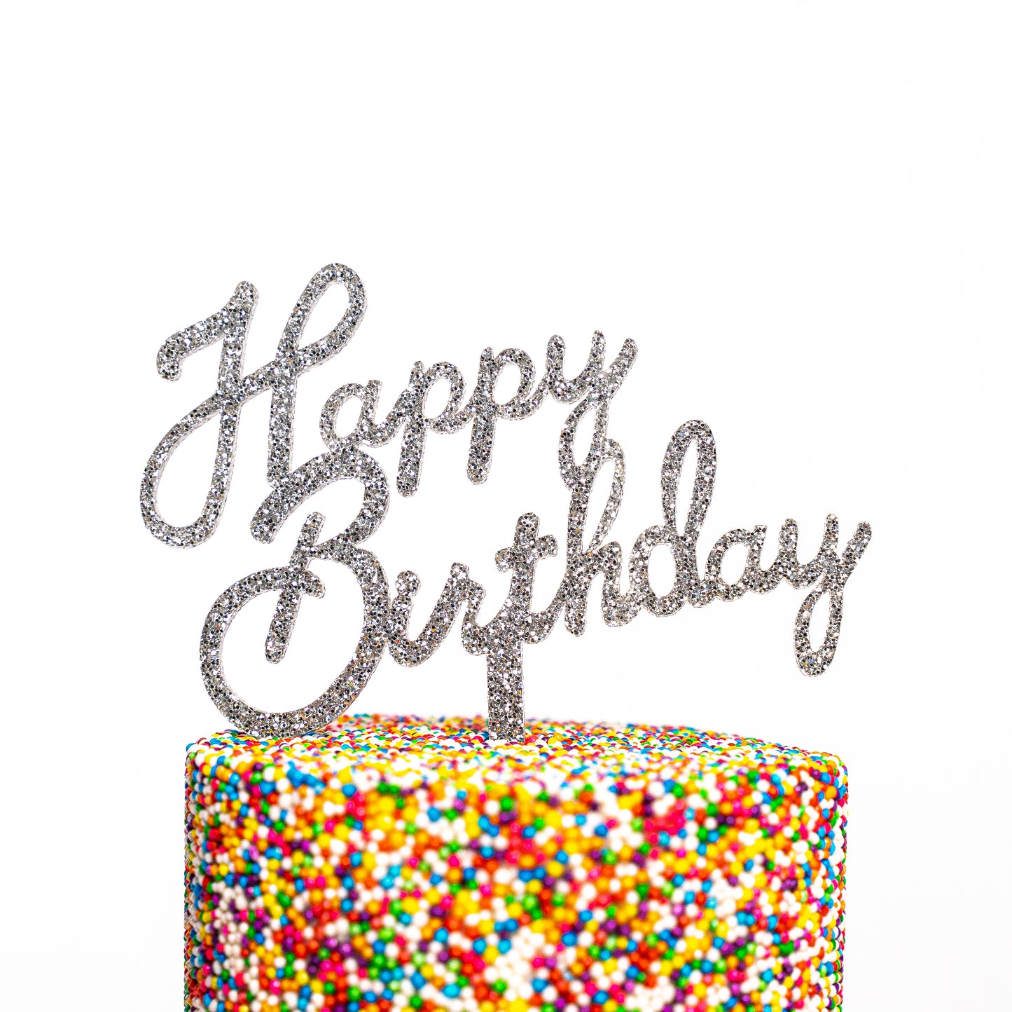 Mini Happy Birthday Cake Topper- Silver Glitter