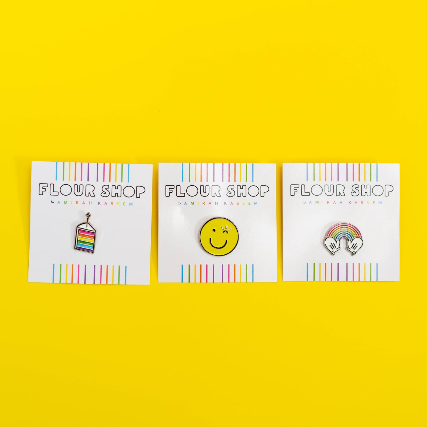 Flour Shop Pins- Rainbow Cake Pin, Smiley Pin, Rainbow Hands Pin