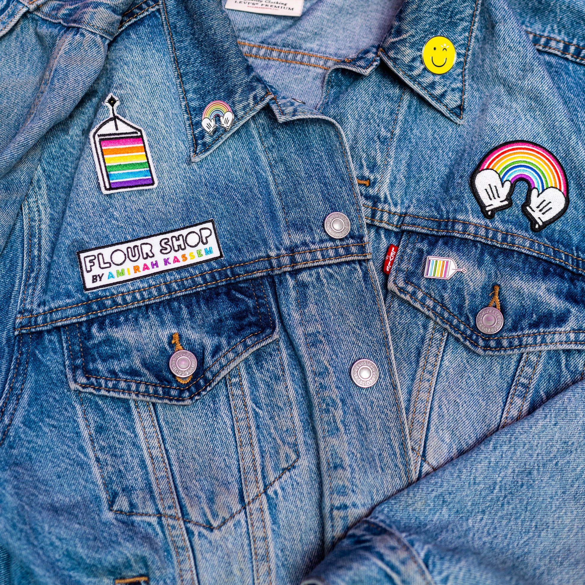 Denim Jacket with Flour Shop Patches and Pins 