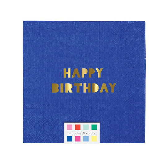 blue napkin with a shiny gold foil border and Happy Birthday message