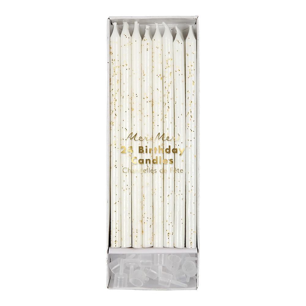 Pack of 24 white candles with plastic holders and gold glitter detail