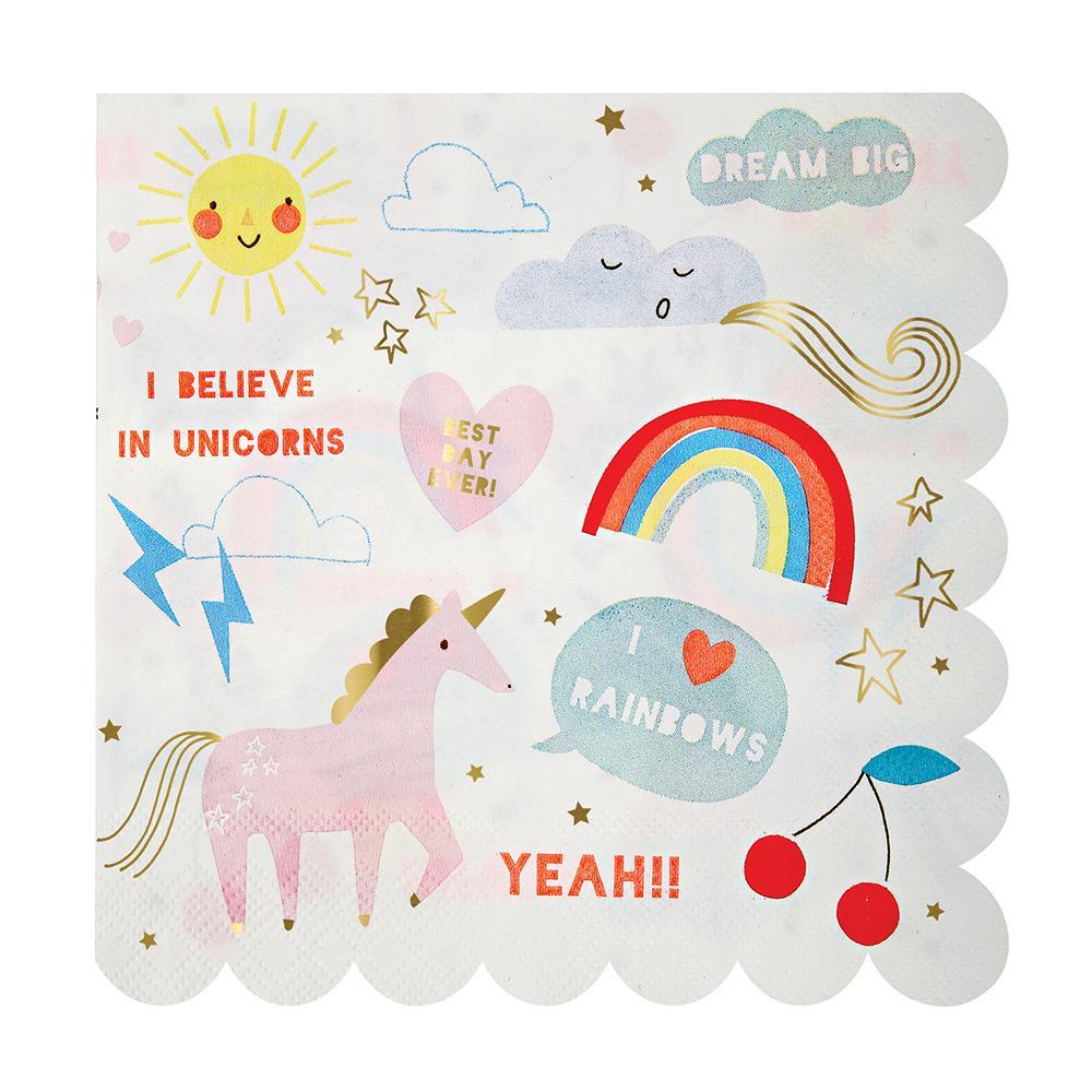 White napkins decorated with unicorns and rainbows embellished with shiny gold with a scallop border