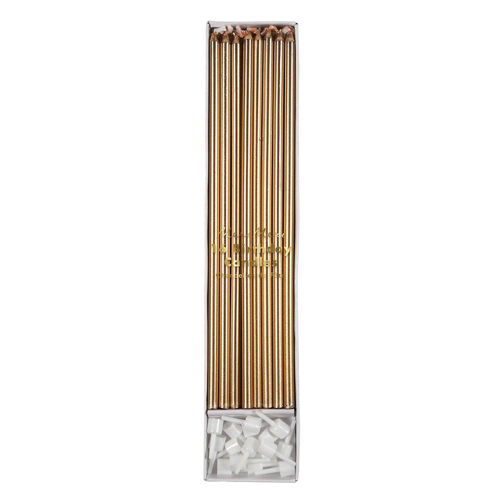 Pack of 16 long gold foil candles with plastic holders