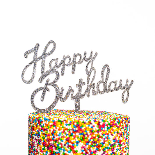 Mini Happy Birthday Cake Topper- Silver Glitter